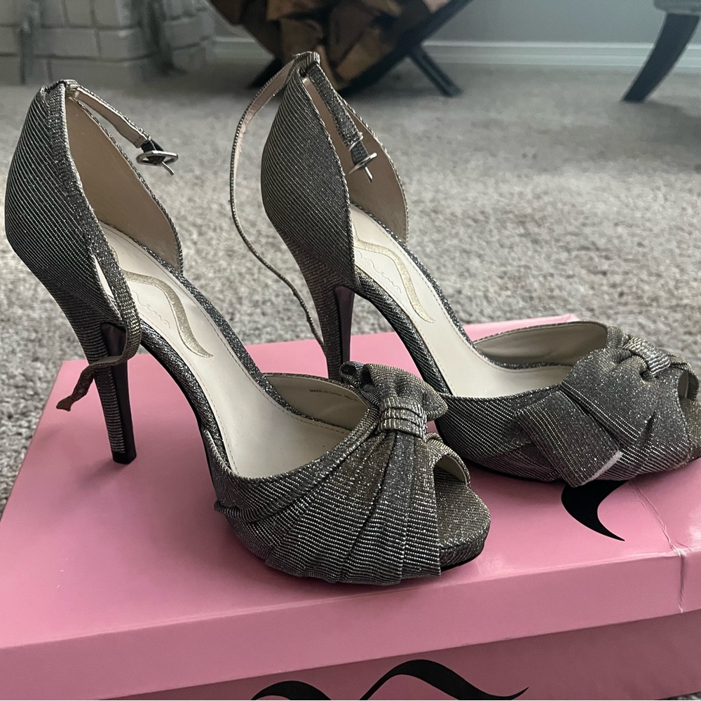 Nina Shimmering Silver Peep-Toe Heels